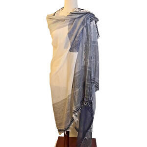 Luisa Brini Blue White Cotton Silk Linen Shawl Scarf Plaid 68" X 46" Italian
